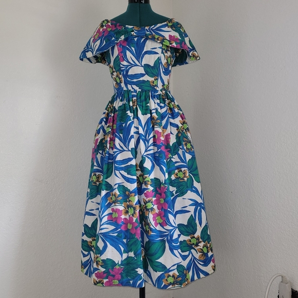 Robbie Bee Dresses & Skirts - Vintage Robbie Bee Blue Green  Floral Dress 90s All Cotton Off Shoulder Size 4